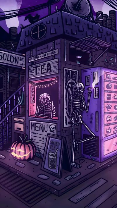 a drawing of a skeleton in front of a tea kiosk Vaporwave Halloween Phone Spooky Aesthetic, Edgy Halloween, Spooky Gif, midnight blue