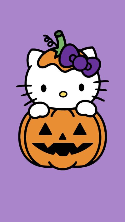 hello kitty sitting on top of a jack - o'- lantern with a purple background Purple Hello Kitty Halloween Cute Halloween Card Inspiration, Halloween Hello Kitty Design, Halloween Party Decoration Ideas,
