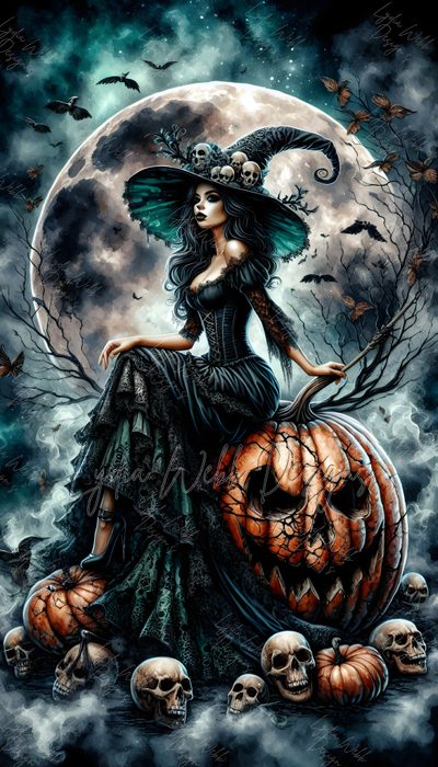 a woman sitting on top of a pumpkin in front of a full moon with skulls Gothic Halloween Witch Medieval Halloween, Halloween Witches, Anne Stokes Art, Witch Pictures, dark slate gray