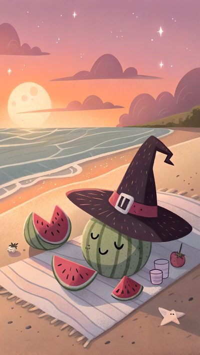 a watermelon with a witch's hat sitting on a towel at the beach Halloween Summerween Cute Summerween, Spooky Summer Background, Summer Ween, Halloween Summer, rosy brown