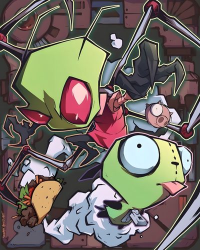an image of a cartoon character surrounded by food and other things in the background, Invader Zim Halloween Invader Zim Official Art, Invader Zim Computer, Invader Zim Bg, dim gray