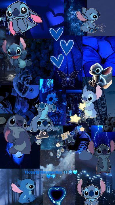 many different pictures with blue and pink lights on them, including the faces of stitchy characters Cute Stitch Halloween Really Cute Stitch, Stitch Biru, Sitich, Cute With Stitch, midnight blue