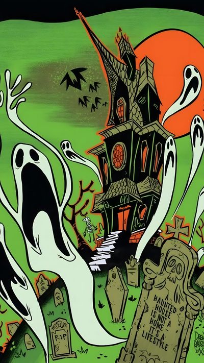 an image of halloween scene with ghost and graveyard Beistle Halloween Vintage Cartoon Halloween, Retro Halloween Background, Vintage Spooky Posters, olive drab