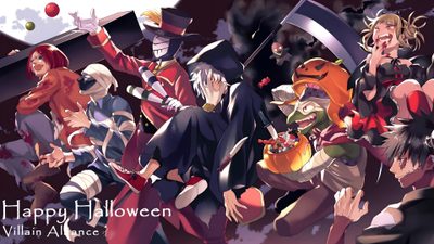 an anime scene with many people dressed in costumes and hats, all holding up their hands Aesthetic Mha Halloween 3840x2160, 4k 3840x2160, Uraraka Cosplay, Bakugou Manga, Academia, dark slate gray