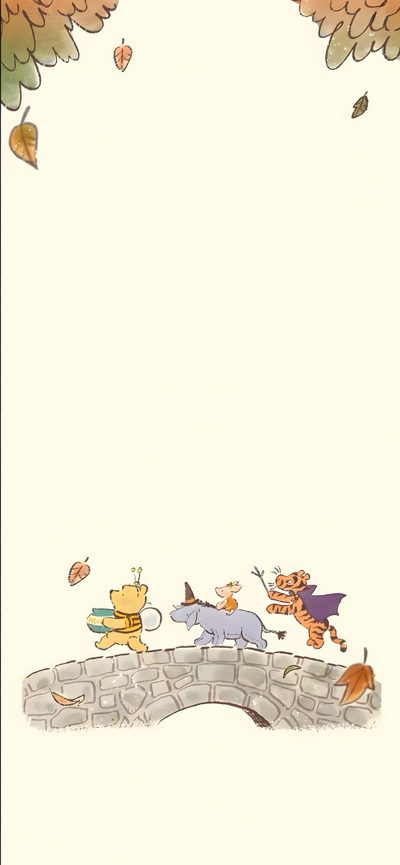winnie the pooh and her friends crossing a bridge with leaves in the air behind them Winnie The Pooh Halloween Ipad Winnie The Pooh, Lock Screen Cute Fall Disney, Disney Autumn Background, old lace