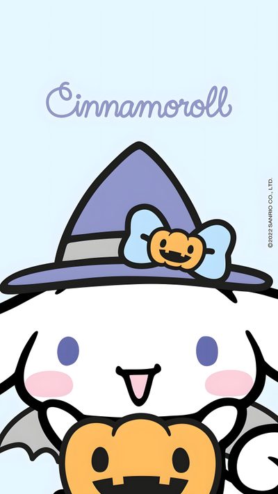 an animal with a hat on it's head and pumpkin in front of the caption Cinnamoroll Halloween Halloween Sanrio Desktop, Cinnamon Roll Sanrio Halloween, Cinnamon Roll Hello Kitty Halloween, alice blue
