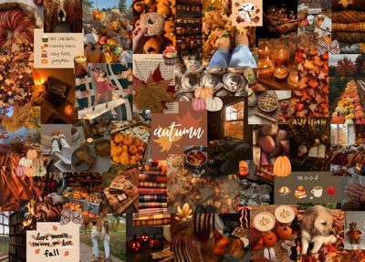 a collage of pictures with pumpkins and other items Autumn Aesthetic Halloween Collage Fall Aesthetic Computer, Cute Fall Collage Laptop, Aesthetic Fall Desktop, saddle brown