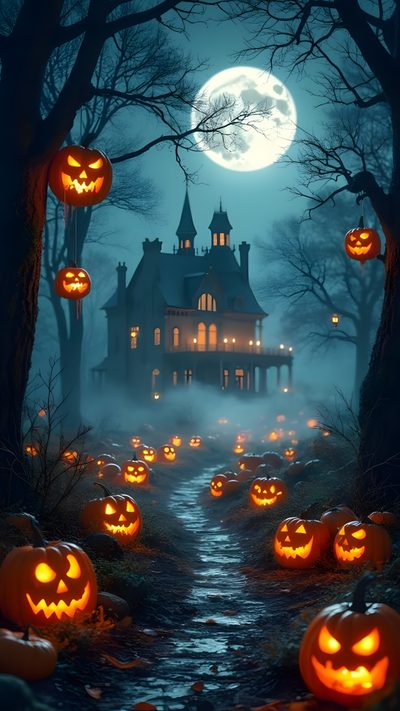 halloween pumpkins on the ground in front of a house at night with full moon Create Halloween Phone Spooky Halloween Screensavers, Spooky Halloween Iphone, Haunted Background, dark slate gray
