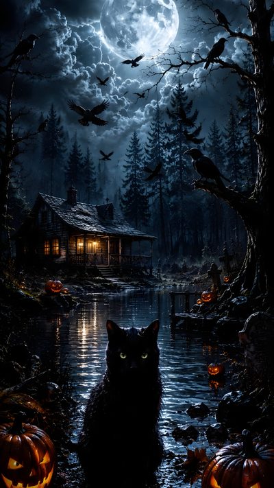 a black cat sitting in front of a lake with carved pumpkins on the ground Halloween Cat For Walls Cabin, Dark Colors, Cinematic Lighting, Black Cat, Dark Fantasy, Halloween,