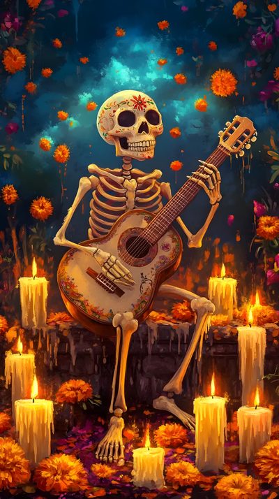 a skeleton playing a guitar in front of candles Mexican Halloween Sugar Skull, Skull, Santa Muerte, Mexican Art, Day Of The Dead, Cute Ghost, dark slate gray