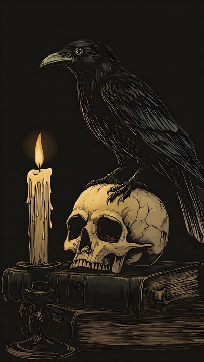 a crow sitting on top of a skull next to a candle Halloween Raven Cuervo, Corvo, Spooky Artwork, Goth Images, Gothic Thanksgiving, Crow, black