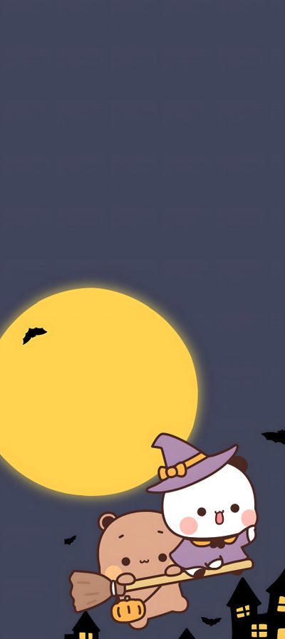a cartoon character flying through the air with a broom in front of a full moon Bubu Dudu Halloween Milk Mocha Halloween, Cute Halloween Panda, Halloween Panda, dark slate gray
