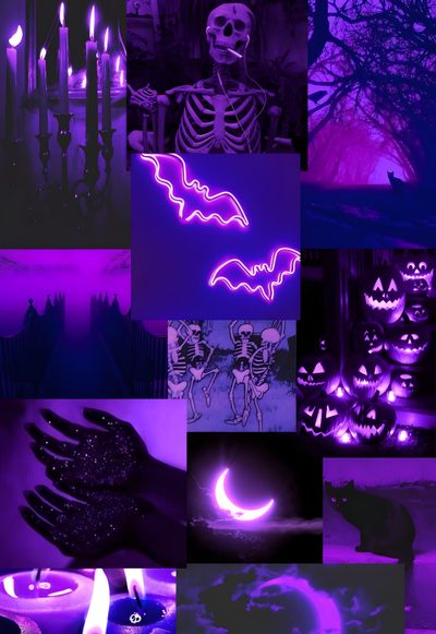 a collage of halloween images with candles and pumpkins Purple Edgy Aesthetic Halloween Purple Aesthetic Halloween, Purple Halloween, Purple Spooky Aesthetic, midnight blue