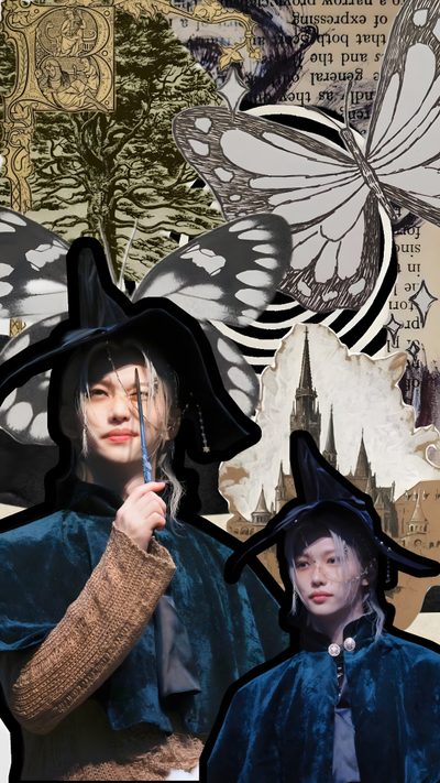 collage of two people dressed in costumes and hats, one holding a wand while the other holds a butterfly Felix Halloween Felix Halloween, Skz Halloween, Stray Kids Halloween, October, Normal, dark slate gray