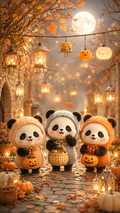 three stuffed pandas dressed in costumes stand on a path surrounded by pumpkins and lanterns Cute Halloween Panda Halloween Street, Small Cafe Design, Panda Illustration, Autumn Night, Relaxing Art, peru