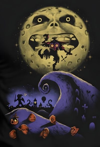 an image of a halloween scene with pumpkins on the ground and a full moon in the background Legend Of Zelda Halloween Videogame Artwork, Skull Kid, Zelda Majoras Mask, Majora's Mask Luna, black
