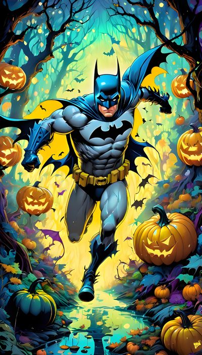 batman flying through the air with pumpkins in front of him and his face glowing Dc Comics Halloween Dc Comics Halloween, Batman Halloween, Spooky Batman, Batman Holidays, sea green