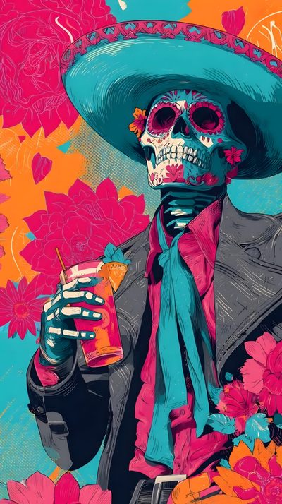 a skeleton wearing a sombrero and holding a drink in his hand with flowers around it Mexican Halloween Modern Art Prints Artworks, Mexican, Mexican Murals, Cool Pictures To Draw, dim gray