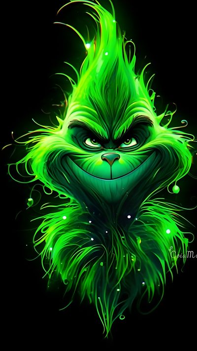 the grin face with green hair and glowing eyes is featured in this digital art work Grinch Halloween Crazy Grinch, Grinch With Black Background, Grinch On Black Background,