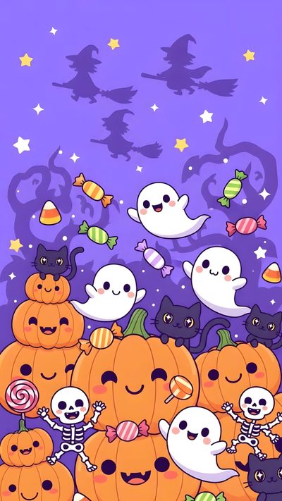 a group of halloween pumpkins with ghost faces on them and bats in the background Halloween Cartoon Holiday, Ghost Crafts, Halloween Cute, Cute Halloween, Halloween Backdrop, medium purple