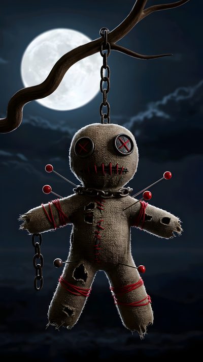 a creepy looking stuffed animal hanging from a tree branch with the moon in the background Halloween Voodoo Doll Doll Tattoo, Voodoo Doll, Voodoo Doll Background, Voodoo Magic, black
