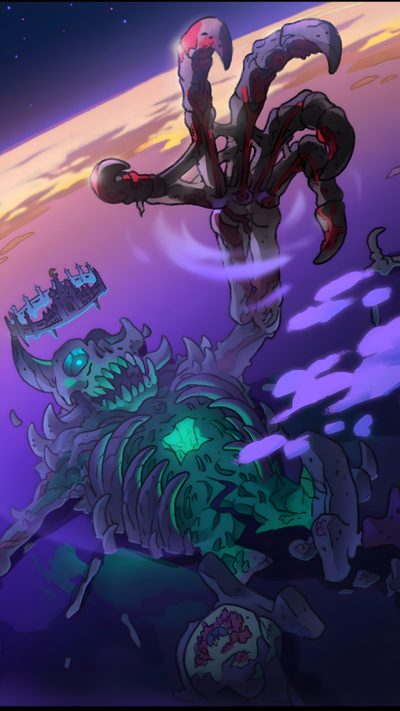 an animated image of a space station in the distance with a giant alien like creature on it's back The Owl House Halloween Owl House Cartoon, Qibli, The Boiling Isles, Boiling Isles, dark slate gray