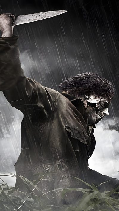 a man holding a knife in the rain Halloween 2007 Image Film, Slasher Film, Rob Zombie Michael Myers, Halloween Movies, dark slate gray
