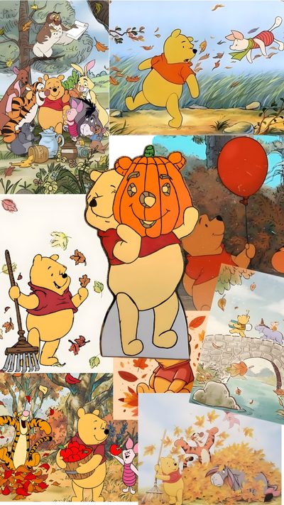winnie the pooh and friends collage with pumpkins, balloons, trees, and other cartoon characters Halloween Winnie The Pooh Winnie Pooh Thanksgiving, Winnie The Pooh Thanksgiving, Fall Winnie The Pooh, dark khaki