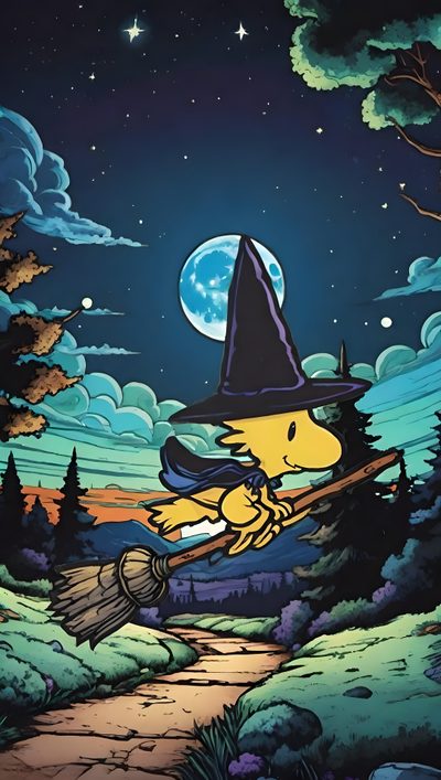a painting of a witch flying through the night sky with her broom in one hand Woodstock Halloween Halloween Decoration Ideas, Halloween Snoopy Illustration, Nighttime Cartoon Scene, dark slate gray