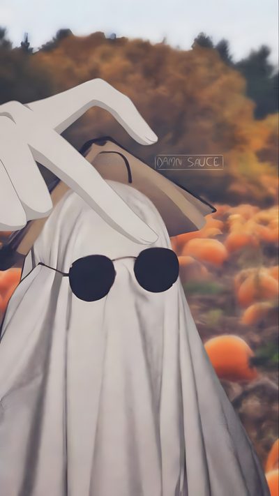 a painting of a ghost in a pumpkin patch with sunglasses on it's face Matching Halloween For Best Friends Friendship, Best Friend, Halloween Cute, Spongebob, rosy brown