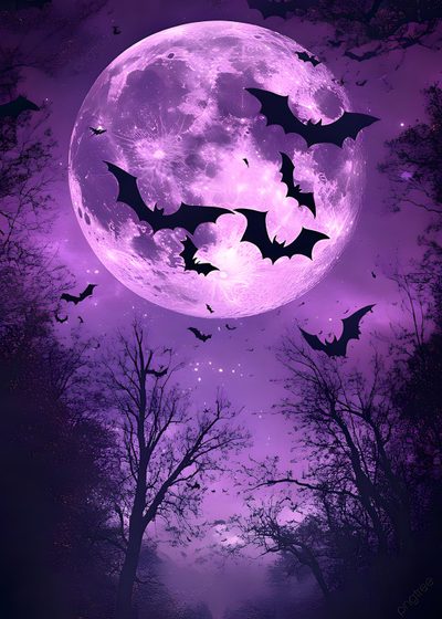 a full moon with bats flying in the sky above it and trees on either side Halloween Bat Moon Purple Large Spooky Purple Bat, Halloween Trees, Night Forest, dark slate blue