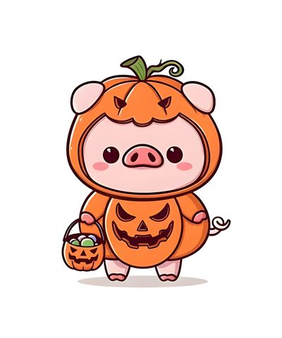 a little pig in a pumpkin costume holding a basket with a jack o lantern on it Cute Halloween Pig Dress Design Drawing, Baby Animal Drawings, Animal Valentine, Kawaii Halloween, white