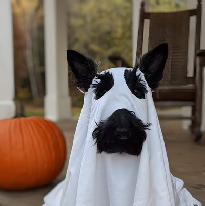 a dog wearing a white towel with black ears on it's head, sitting in front of a pumpkin Halloween Scottish Terrier Scottish Terrier Pumpkin, Scottish Terrier In Costume, Scottish Terrier Halloween Card, dim gray