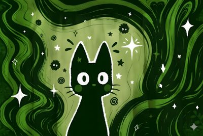 a black cat with stars and swirls on it's face is standing in front of a green background Halloween Black Cat Green Witch Aesthetic Desktop, Dark Green Laptop, Dark Green, Dark Green Aesthetic,