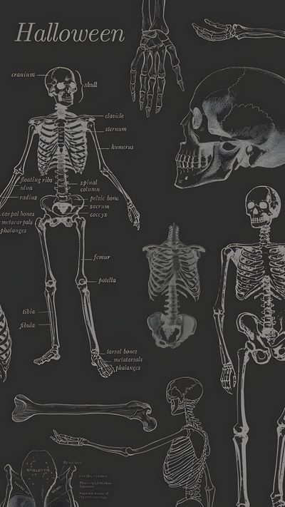 a black and white drawing of human skeleton with various bones, including the upper half Halloween X-ray - Tan & Black Dark Academia Halloween, Dark Spooky Aesthetic, Halloween Spooky, dark slate gray