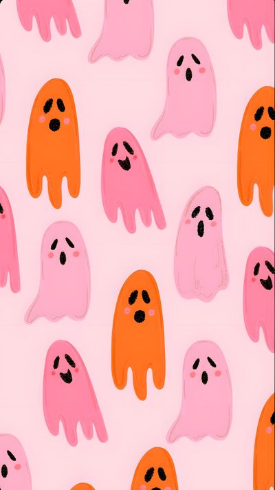a pink and orange pattern with ghost faces on it Pink And Orange Halloween Pastel Pink And Orange Iphone, Pink Halloween Ipad, Pink And Orange Fall Aesthetic, misty rose