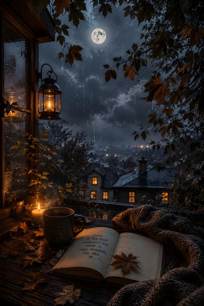 an open book sitting on top of a wooden table under a full moon filled sky Rainy Halloween Night Sky Moody Vibes, Cozy Night Aesthetic, Rainy Day Images, Rainy City, Rainy Night, black