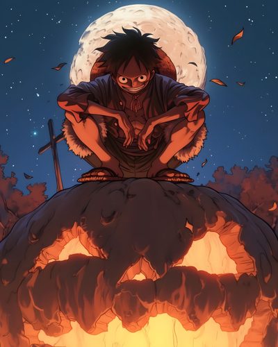 an anime character sitting on top of a pumpkin with the moon in the sky behind him Luffy Halloween One Piece Fall, One Piece Pumpkin, Luffy Pumpkin, Attack On Titan Pirate, dark slate gray