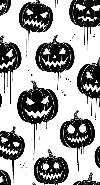 black and white halloween pumpkins with scary faces on them, dripping from their mouths Black And White Halloween Backgrounds For Your Phone, Holiday Background, Black Halloween, Apple,