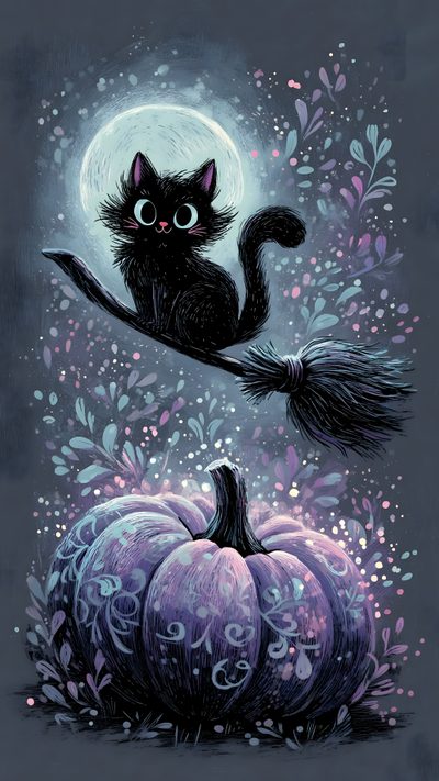 a black cat sitting on top of a purple pumpkin in front of a full moon Feline Halloween - Black On Lavender Cat Heaven, Black Cat Aesthetic, Galaxies, Witchy, dark slate gray