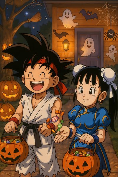 two children with pumpkins in front of a house Dragon Ball Halloween Gohan And Goten, Goku And Chichi, Vegeta And Bulma, Dragon Ball Super, saddle brown