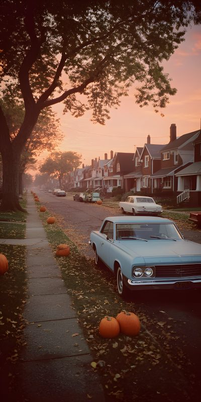 an old car parked on the side of a road with pumpkins in front of it 90s Halloween Phone Retro Fall Aesthetic, Fall Retro Aesthetic, Nostalgic Fall, dark olive green