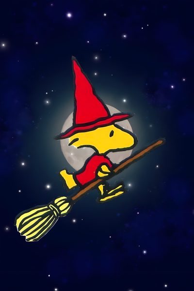 a cartoon dog on a broom flying in the sky Woodstock Halloween Snoopy Bird Halloween, Snoopy Broom, Snoopy Woodstock Halloween Gif, black