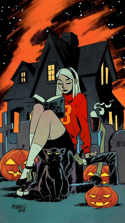 a woman sitting on top of a black cat in front of a house with pumpkins Halloween Pin Up Halloween Iphone, Halloween, Schizzi Facili, Halloween Backgrounds, Vintage, dark slate gray