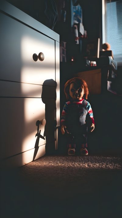 a doll sitting on the floor in front of a dresser with its shadow cast on it Chucky Halloween Chucky Series, Horror, Chucky 4k Iphone, Chucky Aesthetic Iphone, dark slate gray
