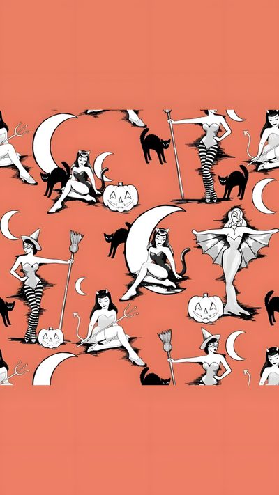 an orange background with black and white images of cats, witches, and moon women Pinup Halloween Retro Halloween Ivory, Snoopy, Retro Halloween Desktop, Movie Posters, salmon