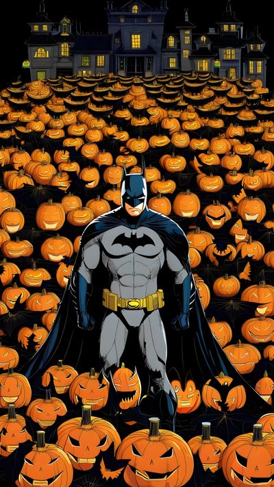 a batman standing in the middle of pumpkins Dc Comics Halloween Dc Halloween, Batman The Long Halloween Artwork, Batman Halloween Iphone, black