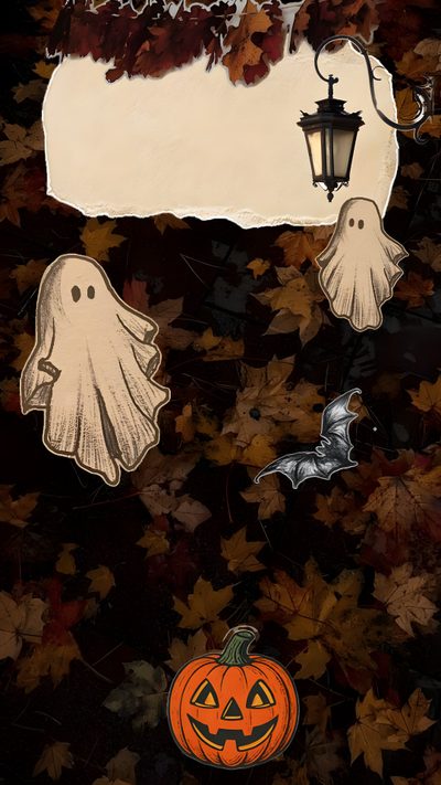 a halloween scene with pumpkins and ghost hanging from a light post on top of leaves Lock Screen Vintage Halloween Iphone Cute Fall Backgrounds, October, Halloween Backgrounds, black