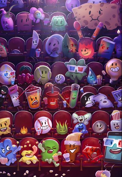 an animated movie scene with many different characters sitting in the seats and watching something on tv Bfdi Halloween Cursed Objects, Theatre Poster, Boule De Neige, Silly Images, Test Tube, dark slate gray