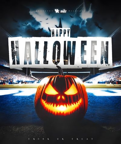 a halloween pumpkin with the words happy halloween in front of an empty football field at night Halloween Football Happy Halloween Comic, Halloween Football Player Girl, Happy Hallothanksmas, dark slate gray